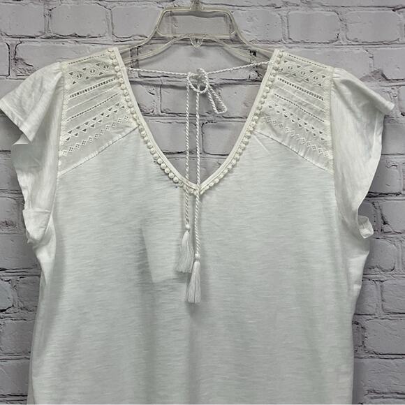 Democracy Boho Top Women's Size L Cream Eyelet Accent Coastal Back Tassel Tie - Picture 5 of 10